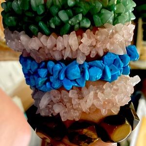 6 bracelets 3 pink quartz, 1 adventurine, tiger eye chunk beads, 1 dyed urquoise